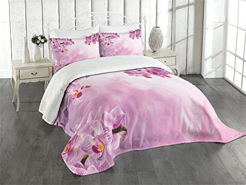 ABAKUHAUS Rosa Tagesdecke Set, Orchideen-Frühlings-Blumenblatt-Badekurort, Set mit Kissenbezügen Sommerdecke, für Einzelbetten 170 x 220 cm, Rosa
