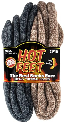 HOT FEET Thermal Socks for Men, Extreme Cold Weather, 2/4 Pack Thick Warm Socks for Men, Winter Insulated Socks, Size 6-12.5, 2 Pack, Oatmeal/Denim Heather