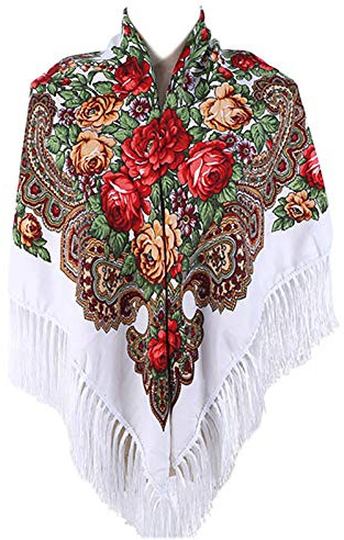 Gudessly Écharpe traditionnelle pour femme avec pompons - Châle rétro - Imprimé floral, blanc, taille unique