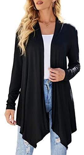 Cardigan da donna drappeggiato aperto sul davanti casual a maniche lunghe leggero cardigan maglioni spolverino, nero, Medium