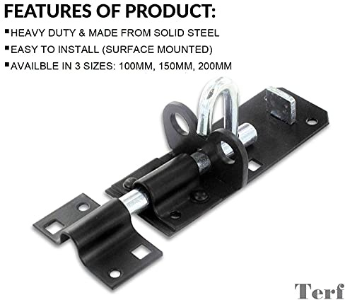 TERF® Heavy Duty Brenton Bolt Black 200mm (8 inch) Strong Padlock bolt For Use with Gates Sheds Garage Doors Lock and Out House Doors Black - 200mm