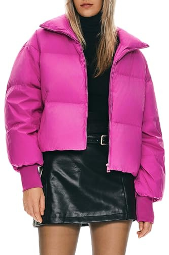 Orolay Doudoune D'hiver pour Femme Col Montant Bulle Silhouette Surdimensionnée Manteau Court en Duvet Rose S