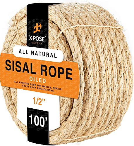 Xpose Safety 1/2 x 100ft Twisted Sisal Rope – Natural Fiber, Heavy Duty, Chemical-Free – Cat Scratching Post Repair, Crafts, Gardening & DIY