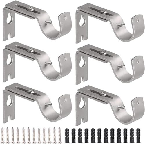 6 Gardinenstanger, verstellbarer Gardinenstanger und Metallwandhalter mit Schrauben und Bohrungen (Silber)