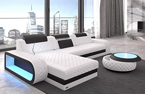 Sofa Berlin L Form Ecksofa Leder mit LED Licht Ledersofa Ottomane Couch mit Kopfstützen (Ottomane Links, Weiß-Schwarz)