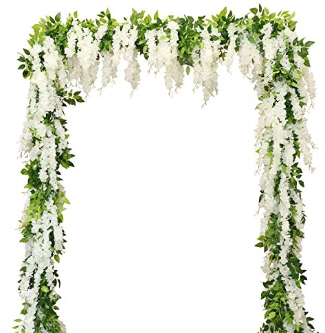 Apeair Wisteria Artificial Flowers Garland, 2Pcs Total 14.4ft Silk Faux Wisteria Vine Kit, Hanging Flower Plant for House Outdoor Garden Ceremony Outside Wedding Arch Floral Decor (2, White)