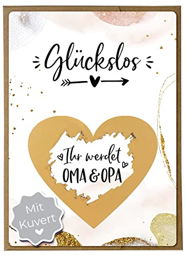 Joli Coon Rubbelkarte Ihr werdet Oma und Opa, mit Kuvert | 350g Designerpapier, fühlbare UV-Lack-Veredelung, naturfarbenes Steckkuvert mit goldenem Herz, Premium-Papeterie