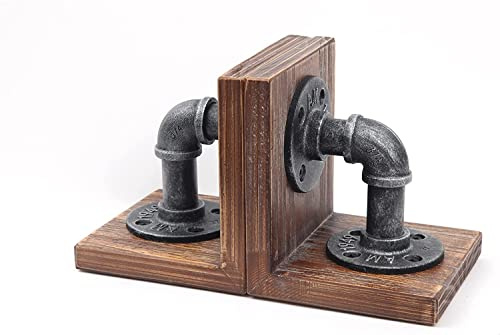 LINKPIPES Industril Stil Holz Bookends, Pipe Book End Robuste Bookends Halter für Bücher und Filme, 1 Paar (Schwarz-Grau)