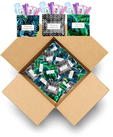 30 x Menstrual All-in-One Kits - Assorted Colors | Convenience on The Go | Single Period Kit Packs | Individually Wrapped Feminine Hygiene Products (Black Treads/Blue Forest/Green Ferns)