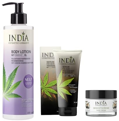 BODY CARE SET mit Bio Hanfsamen Öl-Extrakt von INDIA COSMETICS GERMANY, hochwertige Premiumqualität, Bodylotion ohne Parabene, Gesichtscreme, Serum Hautcreme, Bodybalm, Hanf-Creme, dezenter Duft