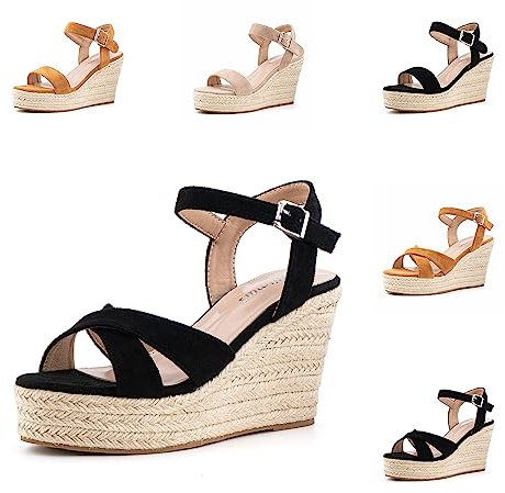 Hitmars Sandalias Mujer Verano Plataforma Alpargatas de Cuña Comodas Zapatos Tacón Esparto Sandalias con Hebilla Espadrilles Moda Negro 36 EU