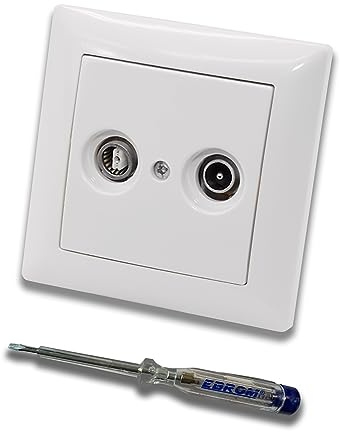 Busch Jäger SET: Universal 2-Loch Durchgangsdose, Frequenzbereich 5-2400 MHz, Radio/TV/SAT-Kompatibilität. Inkl. BalanceSi alpinweiß 1fach Rahmen + Abdeckung + EBROM Phasenprüfer zur Montage d. Geräts