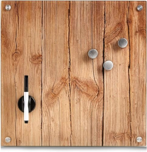 Magnettafel aus Glas in Holzoptik – Wandtafel für Notizen – Whiteboard Kühlschrankplaner – 40 x 40 cm