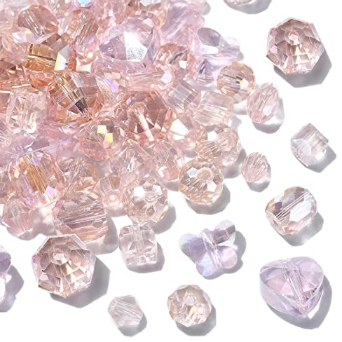 Stiesy Lot de 100 perles en verre rose de styles mixtes transparentes à facettes ovales perles cœur papillon rondes goutte d'eau perles d'espacement pour la fabrication de bijoux DIY et les loisirs