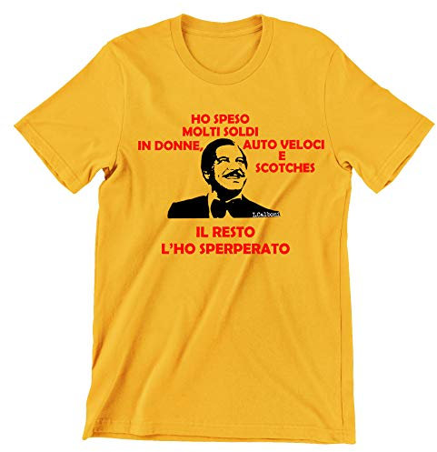 Incidiamo T-Shirt Uomo Film Cult Ugo Calboni Ho speso Molti Soldi in Donne, Auto veloci e scotches - Film Cult Italiani - Maglietta Manica Corta Gialla Taglia S