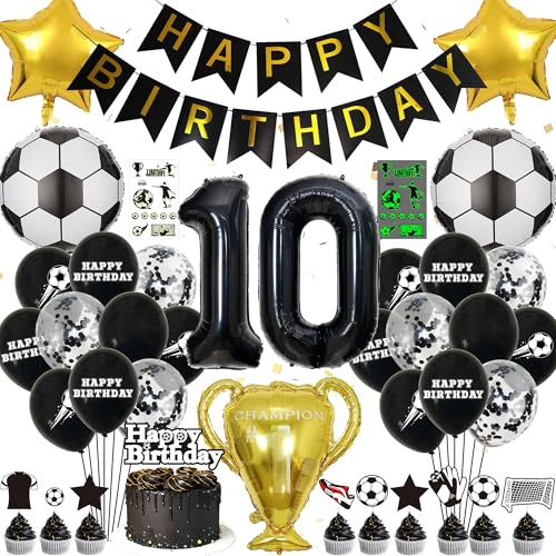 Fussball Luftballon 10 Geburtstag Junge - Fußball Deko Geburtstag Kinder, Happy Birthday Girlande Folienballons Tortendeko, Leuchtende Tattoo Aufkleber, Schwarz Fussball Geburtstagsdeko 10 Jahre