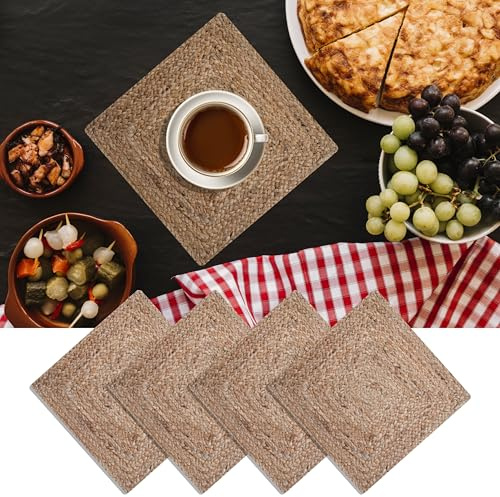 Craft Trade Manteles individuales trenzados de yute para mesa de comedor, de fibra natural, estilo bohemio, para fiestas (cuadrado de 13 pulgadas, paquete natural de 4)