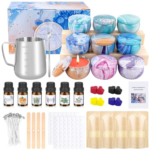 Kit Bougie a Faire Soi Meme Adulte, DIY Cire Bougie Kit Fabrication Bougie,Cadeau avec 480g Cire Soja, 9 Moules, 6 Huiles Parfumées, 8 Blocs Couleur, 100 Meches, 112 stickers