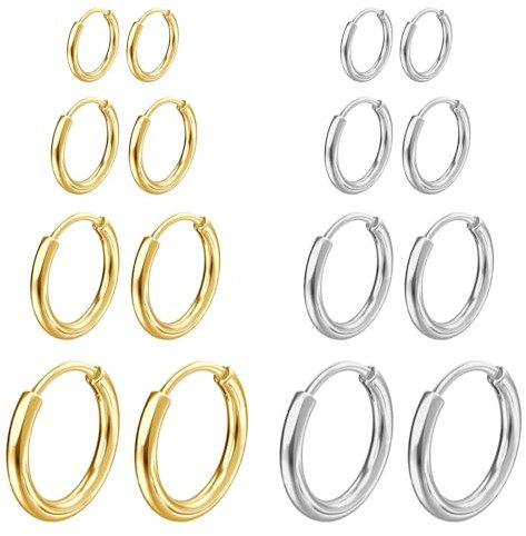 NHDDGR 8 Paia di Orecchini in Acciaio Inossidabile per Uomini e Donne, Piccoli Orecchini a Cerchio Chirurgici Orecchini da Uomo Ipoallergenici e Leggeri, Argento Donna e Oro 8-14mm