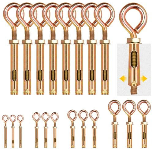 Glarks 8pcs M10 Concrete Eye Bolts, Carbon Steel Expansion Screws Closed Hook Bolts, Colored Zinc Plated Expansion Eye Bolt Screw Anchor for Wall Masonry Concrete Expansion Heavy Duty Bolts