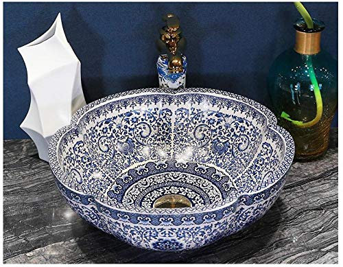 NSTVVEE Lavabo de Salle de Bain, Vasque à Poser, Vasque à Poser en céramique, Vasque de Salle de Bain, Vasque à Poser, Bleu et Blanc-B