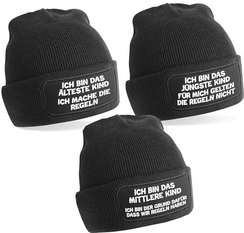 Generisch 3er Set Schwarze One Size Beanie, Mütze mit Spruch: Das Jüngste, Das Mittlere, Das Älteste Kind - Regeln der Familie