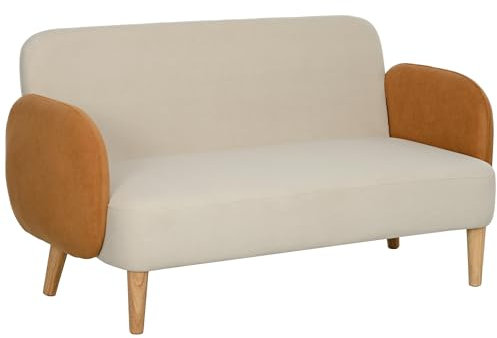 HOMCOM Divano 2 Posti Stile Nordico in Tessuto con Braccioli, Divanetto 2 Posti con Imbottitura di 21 cm Gambe in Legno per Soggiorno, Salotto, Casa e Ufficio, 138x73x74 cm, Crema e Arancione