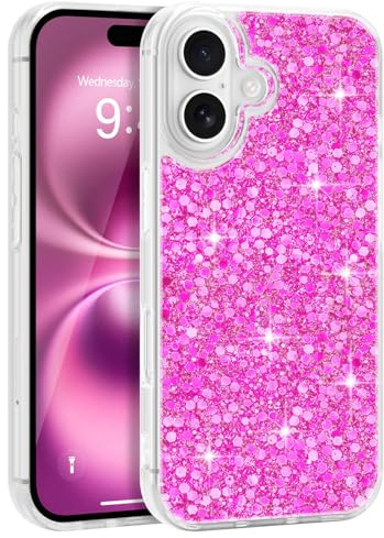 LCHULLE Compatibile con iPhone 16 Cover Glitter Ragazze,Rosa rossa | Custodia Brillante per Ragazze e Donne, Design con Glitter Brillante, Silicone Paillettes Protettiva Antiurto Case
