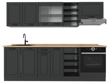 Vicco Küchenzeile R-Line, Anthrazit Landhaus/Anthrazit, 240 cm | 10 Module · Höhenverstellbare Füße · Ohne Arbeitsplatte · MDF-Fronten · Mit Herdumbauschrank · Frei kombinierbar