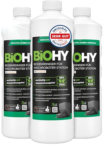 BiOHY Nettoyeur de sol pour robot laveur Station avec parfum orange (3 x 1 litre) | Nettoyant concentré pour tous les types de balai et robot aspirateur avec fonction humide | Faible mousse et sans