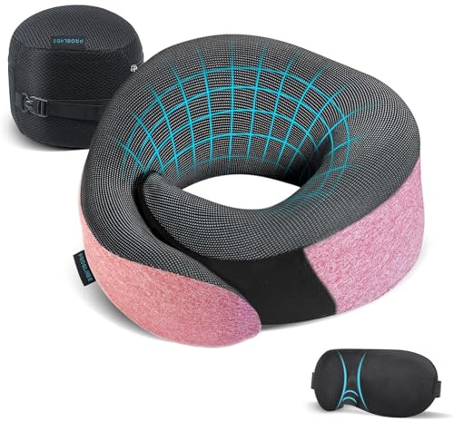 Proglobe Ensemble d'oreillers de voyage d'avion rose, oreiller cervical en mousse à mémoire de forme 100 % pure, matériau mis à jour, kit de voyage long-courrier avec masques pour les yeux 3D profilés