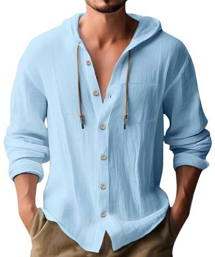 Generico Camicia in Lino Uomo Estiva Elegante Cotone E Lino Camicie con Cappuccio Leggera Comode Casual Shirts con Tasca Coreana Maglietta Maniche Lunghe con Bottoni Traspirante T-Shirt da Uomo