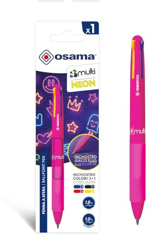 OSAMA 4 Multi Neon – Kugelschreiber Hochwertig 1,0 mm 4 Farben, Kugelschreiber Minen 1,6 mm, Stifte Pen mit Tinte Schwarz, Blau, Rot und Neon Gelb, Schreibwaren für Schule, Büro, Universität - 1 Stück