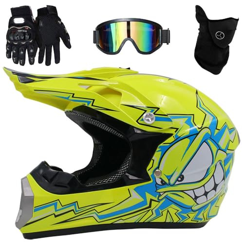 Casque de Motocross Pour Enfant, IntéGral, Pour Scooter, VTT, Quad, Dirt Bike, avec Lunettes, Gants Et Masque, Homologué DOT(Yellow sun moon,M(54-55cm))