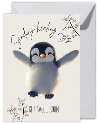 WBdesignz Gute Besserung Karte mit Umschlag - Trostkarte “Get well soon” Positive Gedanken Karten Aufbauende Sprüche Pinguin Umarmung Karten zum Aufmuntern (XXL DIN A4)