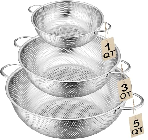 3-Piece Stainless Steel Colander Set with Handles - 5Qt/3Qt/1Qt Nesting Strainers for Pasta, Veggies, Fruit Drainage, Durable Micro-Hole Mesh for Fast Water Flow