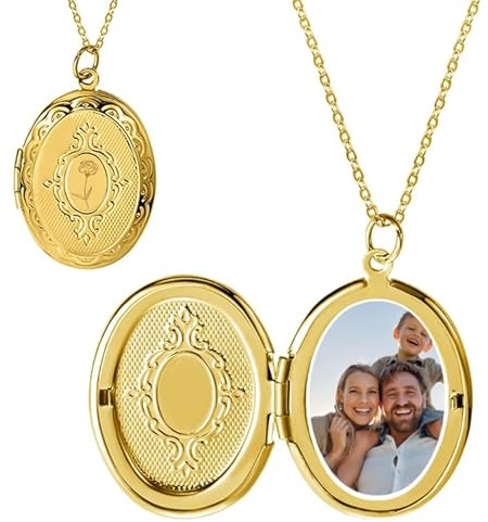 Générique Collier Femme Personnalisé Photo, Pendentif Médaillon Ovale Photo Gravé Fleur de Naissance, Laiton Bijoux Cadeau pour Femme Homme