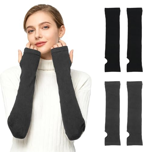 Spetsbst Armstulpen Damen 2 Paar, Thermo Arm Warmers Weiche Lange Fingerless Gloves Arm Stulpen Strickwolle, Armwärmer Stulpen Arme, Armstulpen Damen Winter, Schwarz Hellgrau