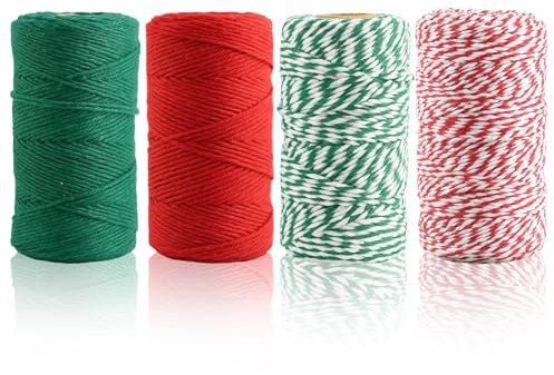 4 Rolls 400M 1.5/2mm Christmas Twine, Christmas String Red String Butchers Twine, DIY Crafts, Holiday Decorations, Kitchen Cooking, Festive Red and Green Colour, Coloured Strings