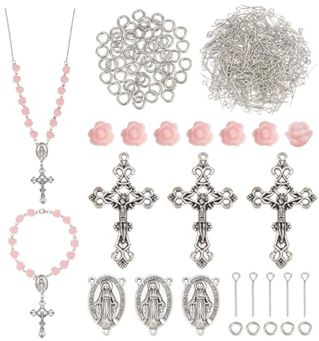 PH PandaHall Ostern Rosenkranz Mach Sets 446 Stück Rosa Rose Perlen mit Kreuzamuletten Rosenkranz Gebets Mach Sets Erstkommunion HalskettenSet für Taufe Ostern Ramadan Schmuckgestaltung Weihnachten