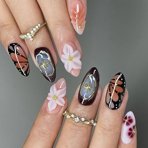 24PCS Ice Crystal False Nails With Starry Blushes Effect Lilies Design For Everyday Elegances Home Manicure Kit