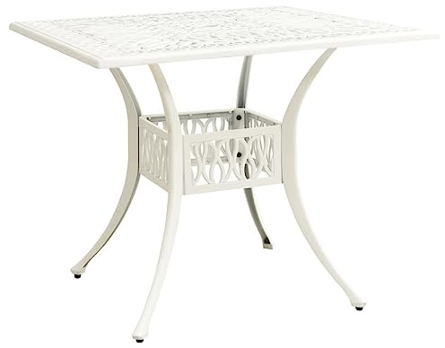 SKTQYQO Tavolo da Giardino in Alluminio Pressofuso Bianco 90x90x73 cm con Foro per Ombrellone, Tavolino da Tè Esterno Robusto e Resistente per Bevande e Cibo, Decorato, Facile