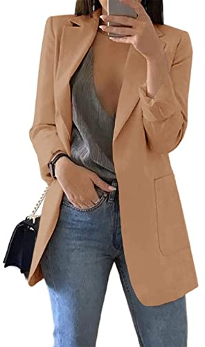 Cnkwei Womens Casual Blazers Open Front Lapel Collar Long Sleeve Work Office Jackets Camel