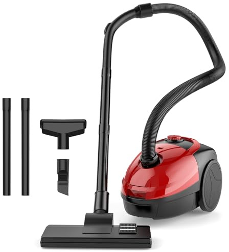 Fizuuye Aspirateur compact 2000 W avec sac, système de filtration HEPA, rayon d'action 4,5 m, buse multifonction, sac à poussière de 1,5 l, pour sols en bois, tapis, carrelage (rouge)
