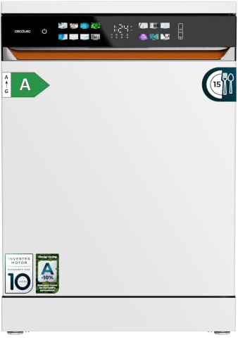 Cecotec Lave-vaisselle Indépendant de 60 cm Bolero Aguazero 6900. 15 Couverts, 8 Programmes, Classe A, Moteur Inverter Plus, Écran FullColor XXL, Auto Open et Turbo Dry+, Dual Zone Wash, Blanc