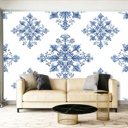 Vlies-Tapete Weihnachten Handgezeichnete Schneeflocken Maßgeschneiderte Fototapete Blau Weiß Wandbild Fototapete für Wohnzimmer Schlafzimmer Deko, Maßgeschneidert, 350 x 256 cm