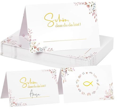 COMOOKA 50 Stück Tischkarten Taufe Konfirmation Kommunion Platzkarten Namenskarten Tischdeko Schön dass du da bist Rosa Taufe Kommunion Deko Mädchen Namensschilder zum Beschriften
