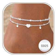 Fußkettchen für Damen Geschichtet Einstellbar Wasserdicht Strand Fußkette | 925 Silber Gold Verstellbare Boho Sommer Mehrreihige Herz CZ Perlen Seil Link Fussketten Set Fußschmuck Geschenk für Frauen