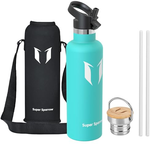 Sparrow Edelstahl Trinkflasche- 0.5L/0.75L/1L- Thermosflasche mit Strohhalm | Wasserflasche Auslaufsicher, Thermoskanne BPA-Frei & Kalt & Heiß - TwistTrail mit Trinkhalmdeckel, Ringdeckel &Sleeve