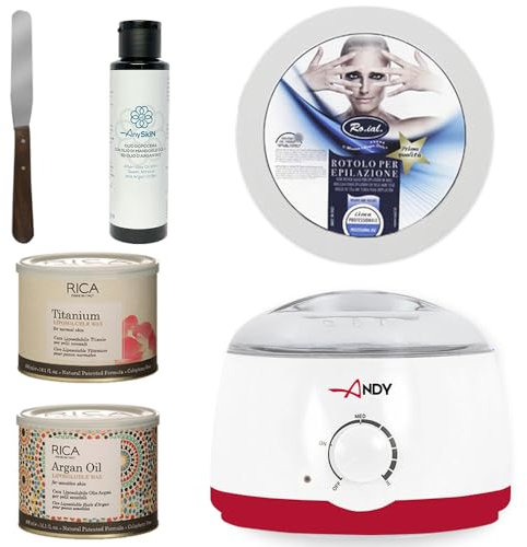 Anyskin kit Ceretta con Scaldacera Professionale, 2 Cere Liposolubili Rica 400ml Rosa e Argan, Anyskin Olio Dopocera 100ml, Spatola in Acciaio e Rotolo Epilazione in Tnt Roial